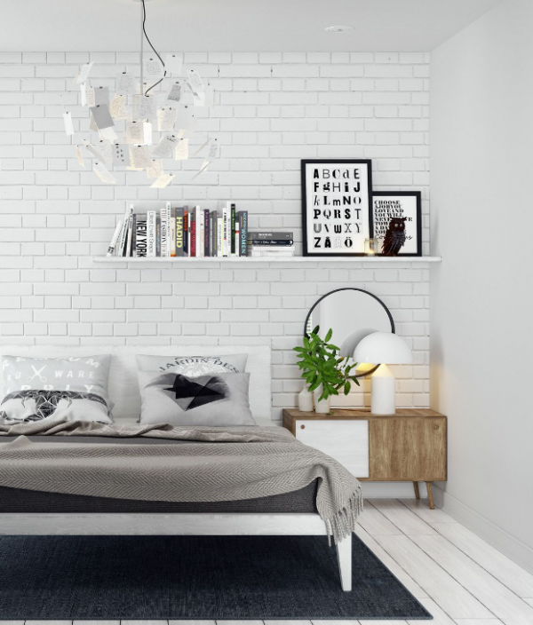 Kamar tidur dengan dinding tumpukan batu bata putih